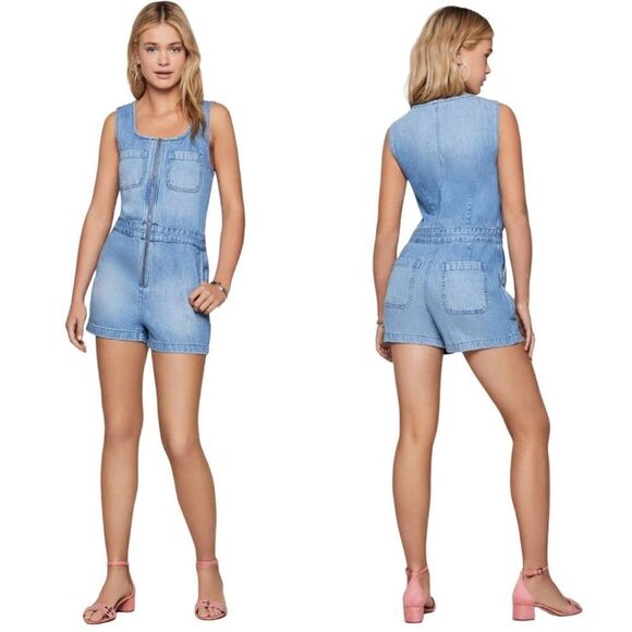 BCBGeneration Denim Romper S Light Wash Jean Shorts Sleeveless Zip Rockabilly - Picture 1 of 13